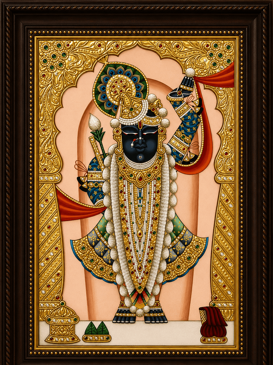 Shrinathji Tanjore Painting with Lotus Bud and Peacock Crown — Handmade by Nathdwara Artisans